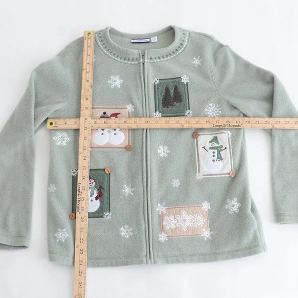 Vintage Croft & Barrow Sage Embroidered Snowman Christmas Zip Fleece Cardigan M - Picture 4 of 11
